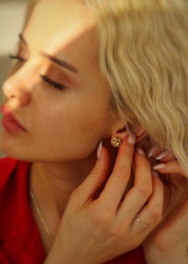 Özel Tasarım Yuvarlak Sitrin Küpe | 22k Altın Kaplama 925 ® Gümüş - Görsel 4